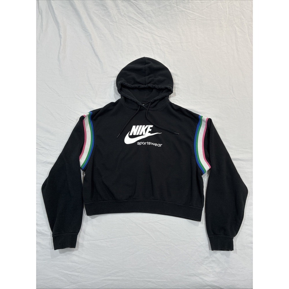 Nike Sportswear Hoodie Women's Medium Rainbow Detail Black Cropped Athleisure
